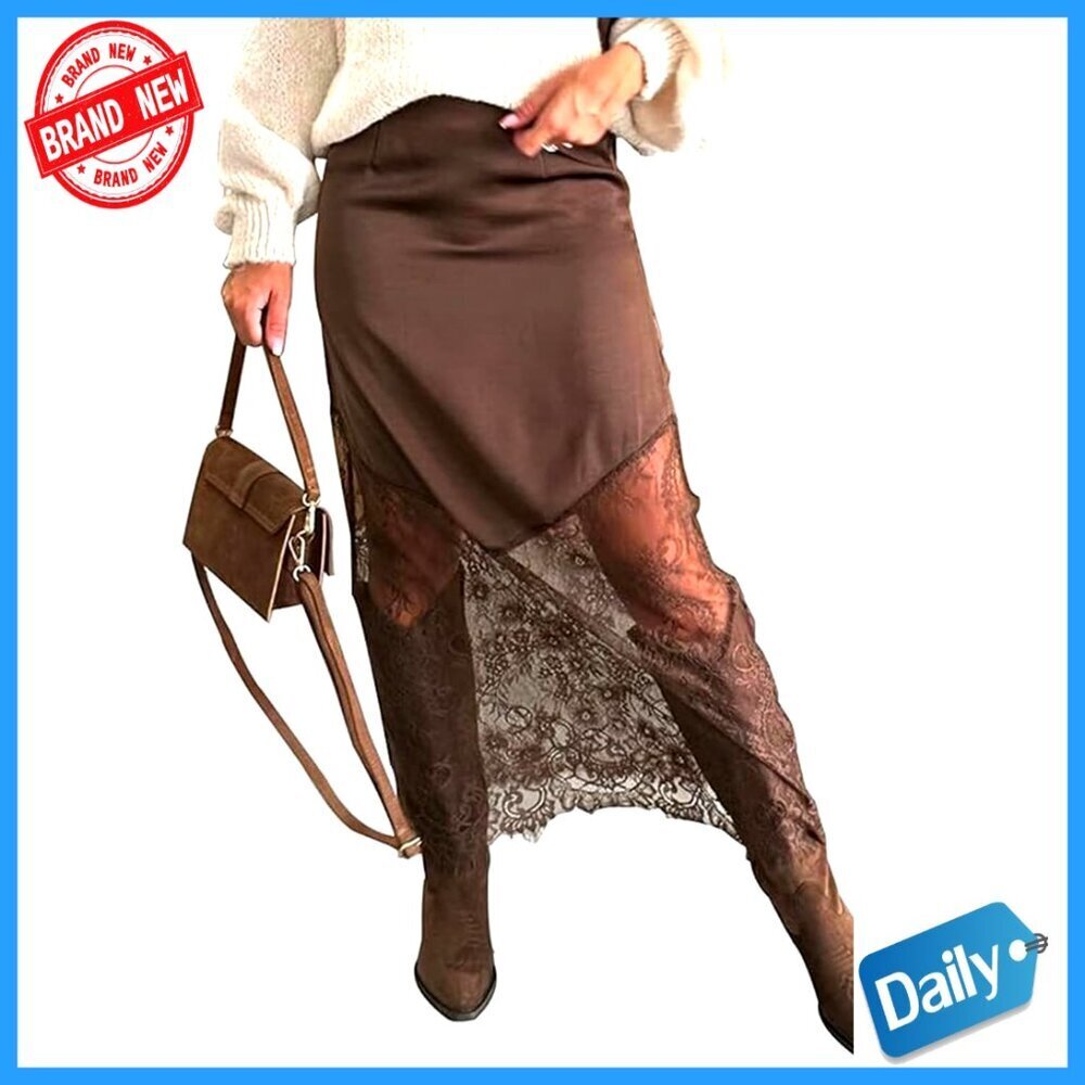 Satin Maxi Skirt High Waist Lace Patchwork A-Line Y2K Elegant